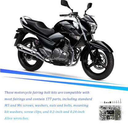 195PCS M5 M6 Motorcycle Fairing Bolt Kits, Stainless Steel Windshield Fairing Screws Fastener, Motorbike Windscreen Bolts Nut Clips Kit, Universal for Dirt Bike Scooters Motocross (Silver) - color: Silver