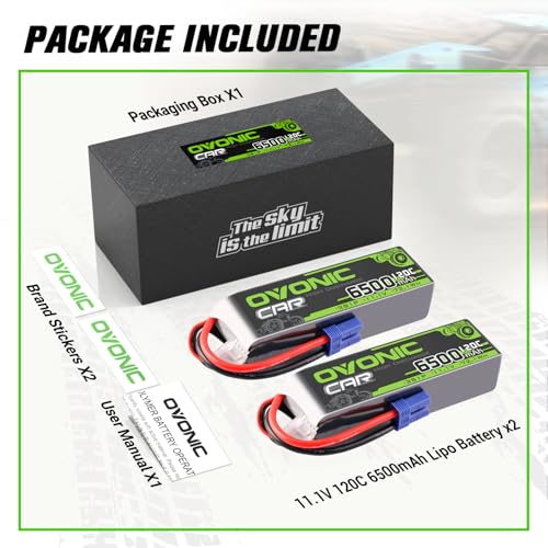 OVONIC 3S LiPo Battery 11.1V 6500mAh 120C with EC5 Plug for RC Car RC Truck Airplane Helicopter Boat Car Racing RC Hobby (2 Packs)