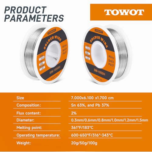 TOWOT 63-37 High Purity Tin Lead Rosin Core Solder Wire for Electrical Soldering, Content 1.8% Solder flux (0.8mm, 100g) - style: High Purity 0.031Inch 0.22LB