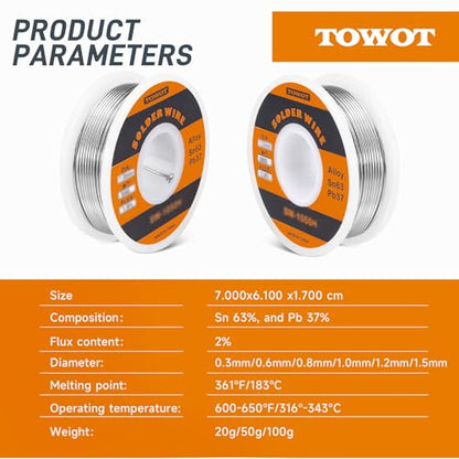 TOWOT 63-37 High Purity Tin Lead Rosin Core Solder Wire for Electrical Soldering, Content 1.8% Solder Flux (0.6mm, 50g) - style: High Purity 0.024Inch 0.11LB