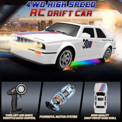 Remote Control Cars 1:16 Scale RC Drift Car 2.4Ghz 30KM/H High Speed 4WD RTR Racing Car with Drift Tires LED Lights 2PCS Rechargeable Batteries RC Sport Cars Toys for Adults Boys Girls Kids Gift - color: White
