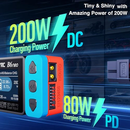 GoolRC B6neo Smart Charger Lipo Battery Charger, DC 200W PD 80W Battery Balance Charger Discharger for 1-6s LiPo/Life/LiIon/LiHV Battery, 1-15s NiMH/NiCd Batteries (Black) - color: Black