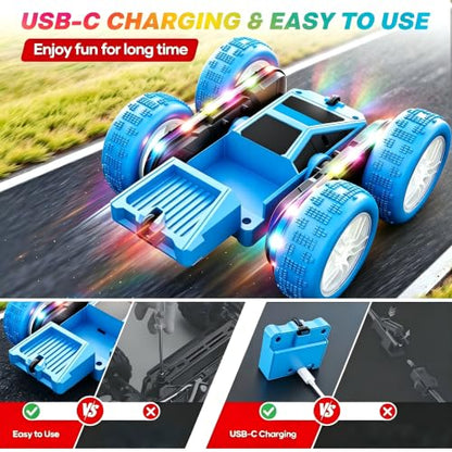 HOMETALL Remote Control Car - 360° Flips RC Stunt Car（Green） | LED Lights Strips, Type-C Charge Modular Battery, 2.4 GHZ Double Sided