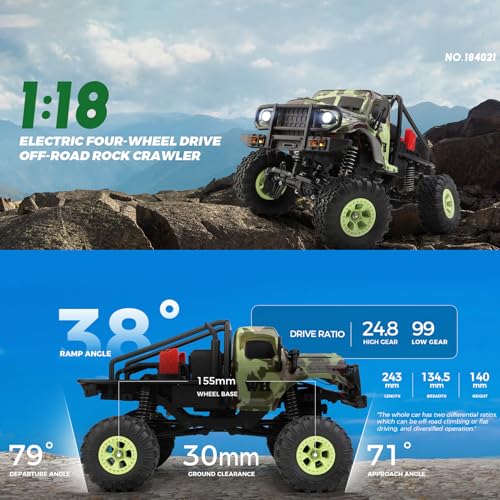 GoolRC Remote Control Car, WLtoys 184021 RC Cars, 1/18 Scale 2.4GHz RC Crawler, 4WD All Terrain Off Road Monster Truck, Two-Speed Shift RC Rock Crawler with LED Searchlight for Teens and Adults