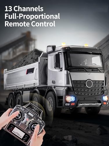 21-Inch Alloy Upgraded Version Remote Control Dump Truck 13-Channels 1/14 Scale 13 LBS Load Capacity RC Heavy Duty Metal Construction Vehicles Toy for 14Y+ (8-Wheels)