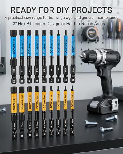 3-Inch Impact Hex Bit Set, 20PCS Metric & SAE Allen Wrench Drill Bits, S2 Steel 1/4" Hex Shank Magnetic Screwdriver Bits, CNC Tips, Storage Holder for Automotive Repair & Furniture Assembly - size: 3" 20-PCS Hex Bits (Metric & SAE)