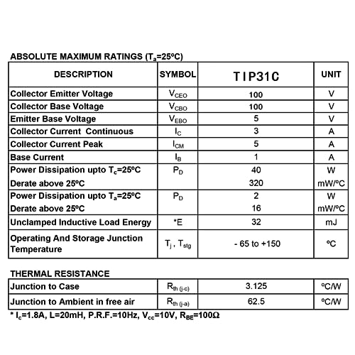 TIP31C TIP31 NPN Silicon Power Transistor 3A 100V Darlington Transistors 3 Amp 100 Volt TO-220 (Pack of 20pcs) - style: TIP31C