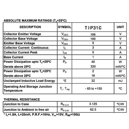 TIP31C TIP31 NPN Silicon Power Transistor 3A 100V Darlington Transistors 3 Amp 100 Volt TO-220 (Pack of 20pcs) - style: TIP31C