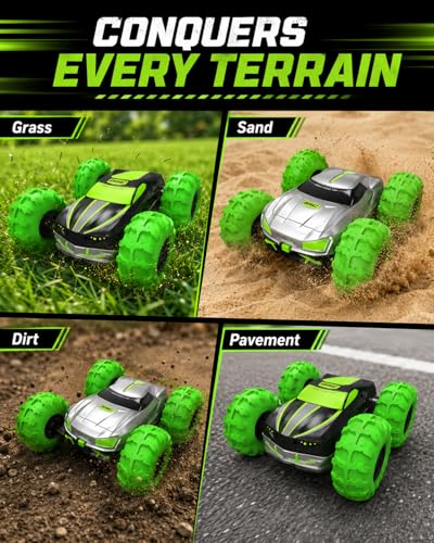 RC Stunt Car for Kids & Dog Chase Fun, 4WD Remote Control Car with Inflatable Bounce Tires, 360° Flips & Spins, Double-Sided Driving, LED Lights, Outdoor Backyard Toy, Gift for Boys Girls
