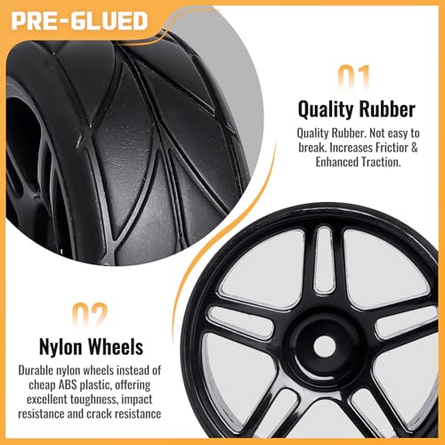 Pre-Glued 12mm Hex 1/10 RC Touring Car Wheels & Tires for Traxxas 4-Tec 2.0 Tamiya TT02 TT01 1/14 Wltoys 144001 1/18 Latrax Teton SST Kyosho Fazer MK2 HPI, 4pcs