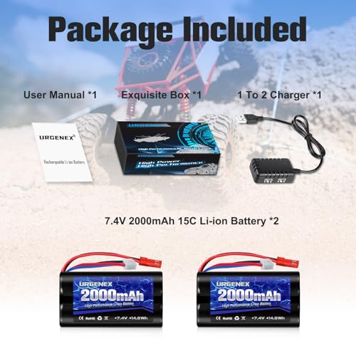 2000mAh 7.4 V Li-ion Battery with JST Plug 2S Rechargeable RC Battery with 1 to 2 USB Charger Fit for RC Helicopter Car Truck and RC Boats