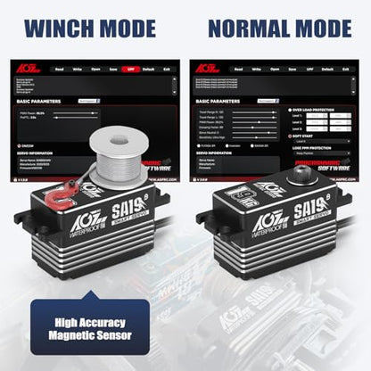 AGFRC 19KG Waterproof Low Profile 1/10 Scale Winch Servo(SA19 Winch) | 0.073Sec, 8.4V HV, Brushless Motor, Programmable, Full Metal Gear, with 25T Metal Winch Horn, for 1/10 RC Cars & Crawlers