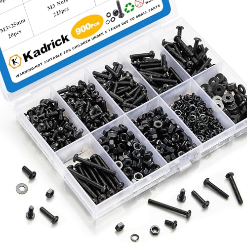 KADRICK 900Pcs M3 Screw Kit,Hex Socket Button Head M3 Bolts Length 6mm-25mm | M3 Screw Assortment,M3 Screws with Nuts Washers,Class 10.9 Alloy Steel,Black Oxide Finish - size: M3 900Pcs 6-25mm