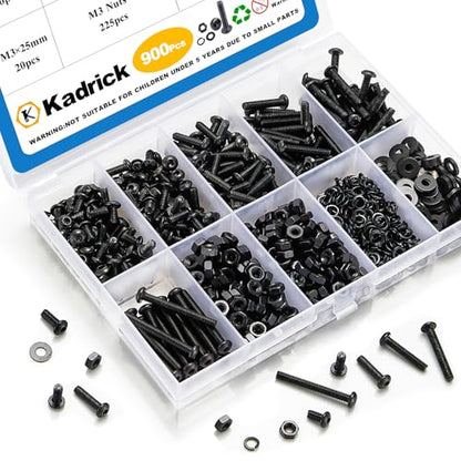 KADRICK 900Pcs M3 Screw Kit,Hex Socket Button Head M3 Bolts Length 6mm-25mm | M3 Screw Assortment,M3 Screws with Nuts Washers,Class 10.9 Alloy Steel,Black Oxide Finish - size: M3 900Pcs 6-25mm