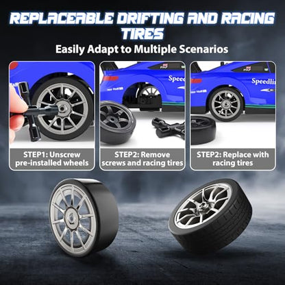1/16 RC Drift Car, 2.4GHz 4WD Remote Control Drift Car, 30+KM/H High Speed Drift RC Cars with LED Lights 2 Batteries and Drift Tires Race Cars for Adults Boys Kids, Blue - color: Blue