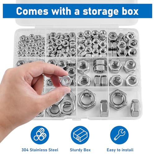 Hex Nuts, 200 Pack M5 304 (A2-70) Stainless Steel Hardware Nuts,Standard Inch Coarse Thread Nuts - color: Silver, size: M5
