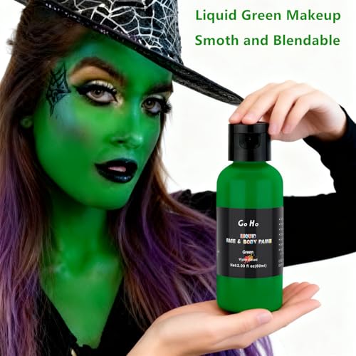 Go Ho Liquid Green Face Body Paint(2.1 oz),Green Based Water Based Face Paint and Body Paint for Airbrush Makeup Special FX, Cosplay, and Halloween Costumes Witch Makeup - color: Green