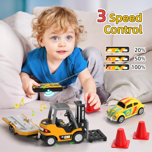 Mini RC Truck, 1:64 Scale RC Forklift Toy, 3 4 5 6 Year Old Birthday Gifts | Remote Control Cranes,Mini Rechargeable Truck,2 in 1 Transform Lift Fork & Hook, w Sound Light, Toy RC Construction Vehicles - style: forklift