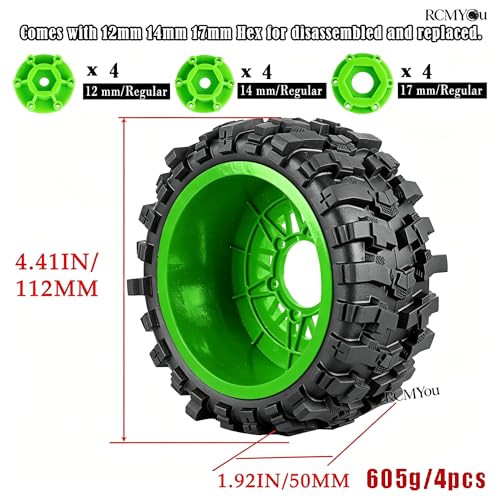 Rc Wheels and Tires Set for 1/10 Slash 2WD 4×4 4WD,Senton,Axia1,Redca t,Rc4w d,Detachable Replacement Running on Off-Road Tire,on-Road Tire w/12mm/14mm/17mm Hex,Soft Tires Plastic Rim,Green - color: Green (1/10)