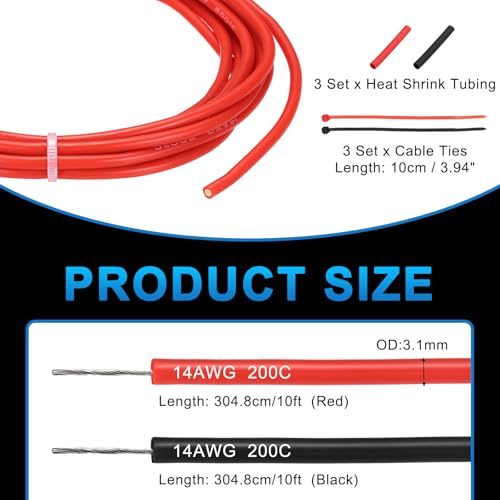 MECCANIXITY 14 Gauge Silicone Electrical Wire Cable, 14 AWG 10ft Black and 10ft Red Electrical Wires High Temp 600V 200C Flexible Stranded Tinned Copper Wires Automotive Cable with Accessories - size: 14 Gauge 3m/10ft