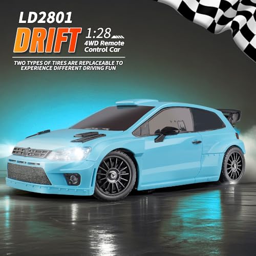 LDRC 2801 1/28 Mini RC Drift Car GTR 2.4GHz 4WD RTR with 4PCS Drift Tires Racing Radio Control Cars (Blue2) - color: Blue2