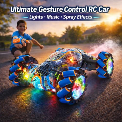 Gesture Control RC Car for Kids – Transparent Colorful Twist Drift Stunt Car, Hand Gesture Sensor, 4WD Double-Sided Car, 360° Spins & Flips, LED Lights, Spray Exhaust, All-Terrain Toy Boys 6-12