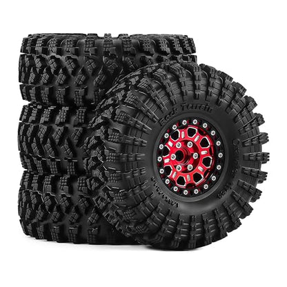 1.9" Beadlock Aluminum Wheels and 120mm Soft Rubber Tires | for SCX10 TRX4 1/10 RC, 12mm Hex, 0mm Offset, with Foam Inserts, RC Crawler Upgrade Parts (Red-2) - color: Red-2