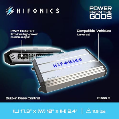 Hifonics Zeus ZXX 2400 Watt Max Class D Monoblock Car Audio Amplifier Amp with Bass Knob and Remote, Variable Crossovers, ZXX-2400.1D, Silver - style: 2400 Watt Monoblock