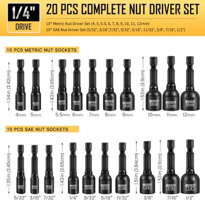 BOEN 20-Piece 1/4" Hex Magnetic Power Nuts Driver Set, Metric (4-12mm) & SAE (5/32"-1/2"), Chrome Vanadium Steel