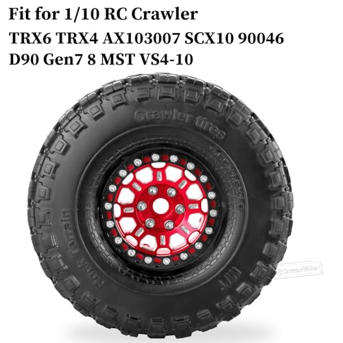 RC 1.9 Beadlock Tires 1.9 Wheels and Tires for 1/10 RC Crawler,TRX6 TRX4 AX103007 SCX10 90046 D90 Gen7 8 MST VS4-10,Aluminium Alloy 1.9 RC Wheel Rims & Rubber Tyre,Red - color: Red(4pcs)