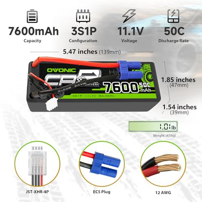 OVONIC 3s Lipo Battery 11.1V 7600mAh 50C(MAX 100C) RC Lipo Batteries Hard Case EC5 Plug Compatible with 1/8 1/10 Scale Vehicles RC Car Trucks Truggy Boats