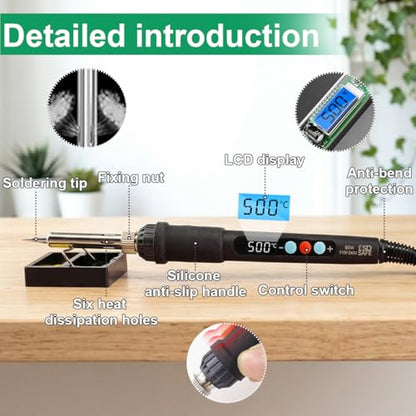 Soldering Iron Kit, 60W LED Display Soldering Gun with Ceramic Heater, 12-in-1 Adjustable Temperature Tool Kit– Includes Tips, Solder Wire, Flux Paste, Pump, and Case for DIY& Electronic Repairs