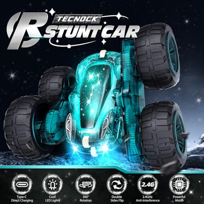 Tecnock Remote Control Car, 2.4GHz RC Cars with USB-C Easy Charging, 4WD Double Sided 360° Rotates and Flips RC Stunt Car, Toys Gift for Boys and Girls Ages 6-8, 8-12 - color: Green