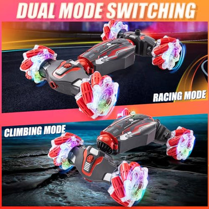 Gesture Sensor RC Stunt Car, RC Twist Car Toy for Kids 5-12 | Dual control: gesture watch + remote. 4WD all-terrain, 360° flip drift, light and music. Good birthday gift for the boy. - color: L-deep Red