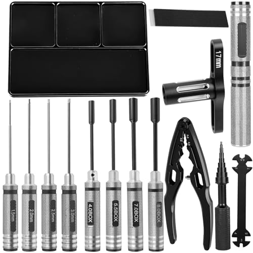 RC Tool Kit 1.5/2.0/2.5/3.0mm Hex,4.0/5.5/7.0/8.0mm Nut Driver,17mm Wheel Hex,Shock Plier,Bearing Tool,Screwdriver Set for 1/10 Trx4 Slash 4X4 BL-2S SCX10 III,SENTON L0S1 1/8,1/6 Trx6,Black - color: Black(1set)