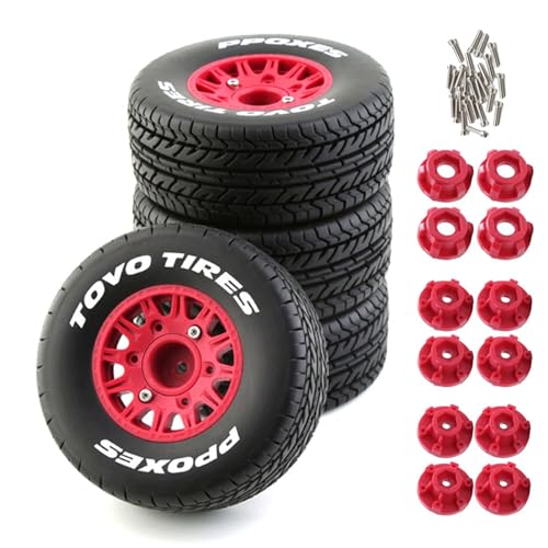1/10 RC Short Course Truck Tires And Wheels With 12mm 14mm 17mm Hex 113mm 1/8 Rubber Tyres For 1/8 or 1/10 Scale On Road Car HSP Sonic 94102 GT PTG-2 Tamiya TT02 RC Racing Car 4PCS (Red A) - color: Red A