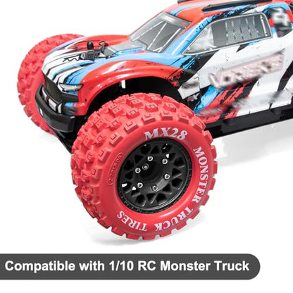 LRFHL MX28 F/R 2.8" RC Monster Truck Tires and Wheels 4PCS, Red | 12mm/14mm Hex Adapter, 1/10 RC Monster Truck, Compatible with Traxxas Stampede Rustler Redcat Arrma Vorteks Big Rock Granite - color: Red Tires+ Black Wheel-5