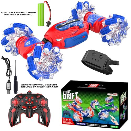 Gesture Sensing RC Stunt Car, Hand Controlled Remote Control Twist Cars | 4WD Remote Control Car with Lights, Music & Spinning Stunt, Birthday Toy Gift for Kids Boys Girls Age 6 7 8 9 10 11 12 - color: Red Blue
