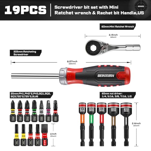 19 Pieces Ratcheting Screwdriver Set and Socket Wrench Set, Mini Rachet Wrench, Rachet Screwdriver Handle and Nut Driver with 12 Pcs Impact Screwdriver Bit, Hand Tools Set for Repair DIY - style: RM019-B-US
