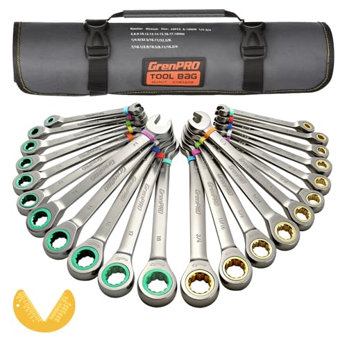 GRENPRO 23PCS Ratcheting Wrench Set SAE Metric Combination Mechanic Tools | 1/4"-3/4"&6-18MM Bolt Gauge, Gray Nickel CR-V 72-Tooth 5-Degree Swing 12Pt Color Rings, Roll Pouch for Auto & Home Repair - style: 23PCS Ratcheting Wrench Set Metric&SAE With Colo