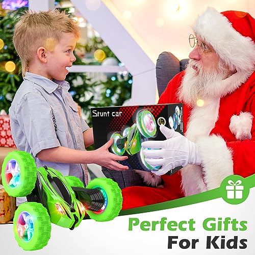 Qumcou Remote Control Car for Boys 4-7,RC Cars Toys for Ages 5-7, 2.4Ghz Fast Double-Sided 360°Rotating Toy Cars with Headlights and Wheel Lights, Christmas Birthday Gifts for Boys Age 6-12, Green