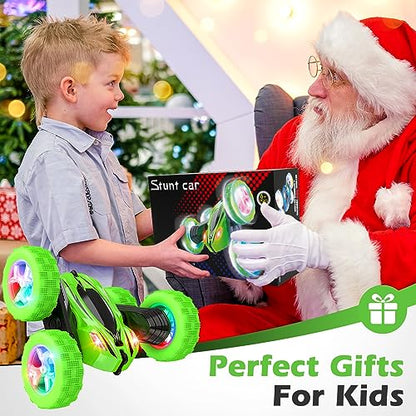 Qumcou Remote Control Car for Boys 4-7,RC Cars Toys for Ages 5-7, 2.4Ghz Fast Double-Sided 360°Rotating Toy Cars with Headlights and Wheel Lights, Christmas Birthday Gifts for Boys Age 6-12, Green
