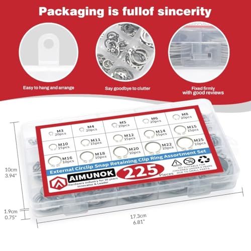 225Pcs External Retaining Rings Snap Rings Assortment Kit, 304 Stainless Steel External C-Clip Set, 15 Sizes Circlip Snap Rings M3 - M25 - size: 225pcs C-clip stainless steels