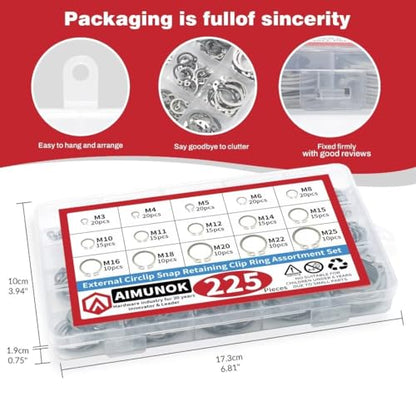 225Pcs External Retaining Rings Snap Rings Assortment Kit, 304 Stainless Steel External C-Clip Set, 15 Sizes Circlip Snap Rings M3 - M25 - size: 225pcs C-clip stainless steels