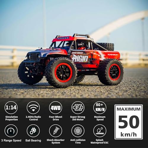 1/14 RC Car Off Road RC Truck 4x4 Remote Control Car High Speed 30+MPH | Hobby Buggy 4WD All Terrain 390 Brushed Motor Full Proportional Metal Chassis Ball Bearing Adult
