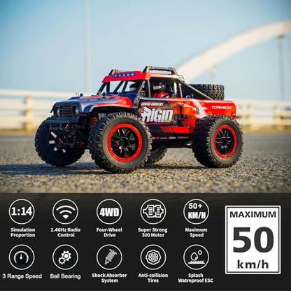 1/14 RC Car Off Road RC Truck 4x4 Remote Control Car High Speed 30+MPH | Hobby Buggy 4WD All Terrain 390 Brushed Motor Full Proportional Metal Chassis Ball Bearing Adult