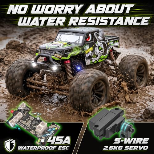 Hosim 1/18 Monster Truck All Terrain 4WD, 38KPH RC Cars for Boys Age 8-12 | 2 * 2S Batteries for 50min, Three Dazzling Lights, Sealed Cage Chassis, IPX4 Waterproof Monster Truck Toys Gift - color: Green