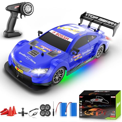 1/16 RC Drift Car, 2.4GHz 4WD Remote Control Drift Car, 30+KM/H High Speed Drift RC Cars with LED Lights 2 Batteries and Drift Tires Race Cars for Adults Boys Kids, Blue - color: Blue