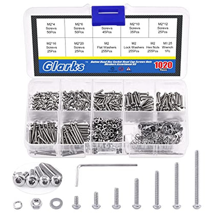 Glarks 1021Pcs M2 Button Head Screws 304 Stainless Steel Hex Socket Cap Screws Bolts and Nuts Washers Assortment Kit with Hex Wrench for Machinery Furniture Car Repair - size: M2 screw assortment kit