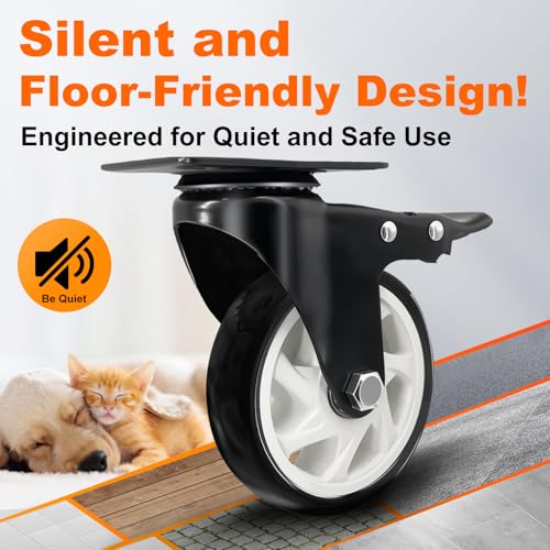 4 Inch Plate Caster Set of 4, Heavy Duty PU Swivel Wheel with Dual Brakes | Smooth 360° rotation,dual locking brake,silent PU wheels - color: Black, size: 4 IN